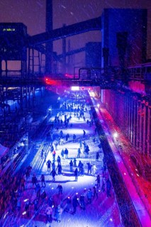 Ice rink at the Zollverein coking plant, ice skating with music and many lighting effects, Essen,