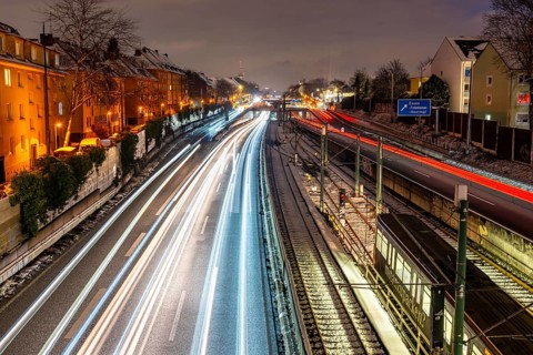 Autobahn A40, Ruhrschnellweg, near Essen at the Frohnhausen junction, evening traffic in winter,
