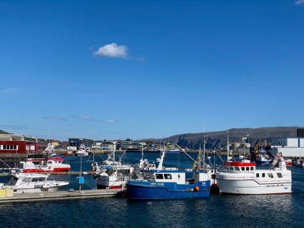 Several fishing boats in Batsfjord harbour, blue sky, mountains in the background, sunny day,