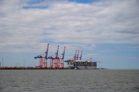 The container ship OOCL Germany with 59 m width and 400 m length of one of the largest container