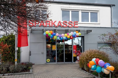 Sparkasse branch decorated on World Savings Day, Eckental, Miittelfranken, Bavaria, Germany