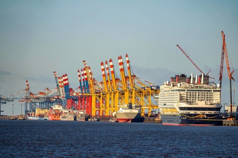 Disney Adventure cruise ship at Bremerhaven Cruise Port, MSC and Eurogate container terminal at
