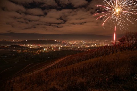 View from Kapellberg near Fellbach across the Neckar Valley to Stuttgart on New Year's Eve from