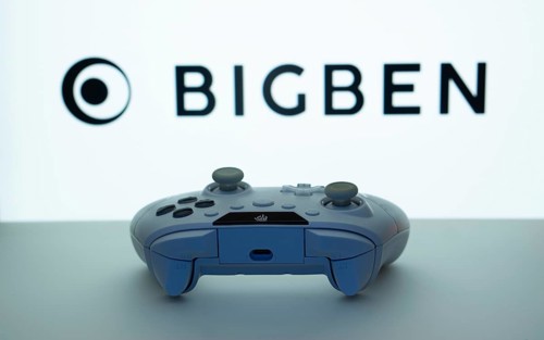 Dhaka, Bangladesh- 08 Apr 2025: A gaming controller in front of a Bigben Interactive screen