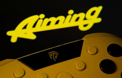 Dhaka, Bangladesh- 24 Mar 2025: A close-up of a gamepad with the Aiming Inc seen on screen in the