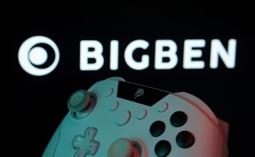 Dhaka, Bangladesh- 20 Mar 2025: A close-up of a white gamepad with the Bigben Interactive seen on