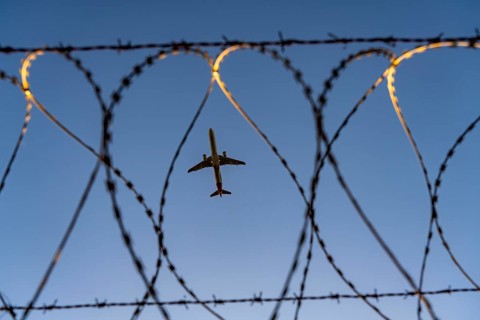 Symbolic picture security at the airport, outer fence at Düsseldorf International Airport, steel