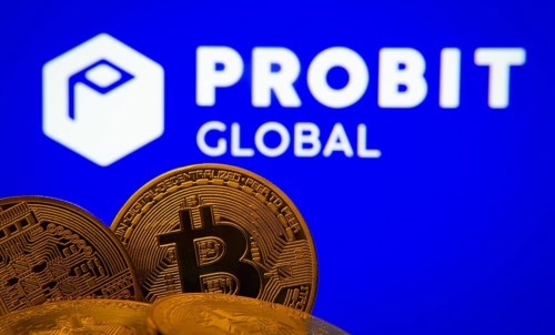 Dhaka, Bangladesh- 27 Mar 2025: Close-up of Bitcoin coins with the ProBit Global logo visible on a