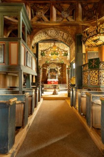 Interior with a view of the altar in Lom Stave Church (Lom stavkyrkje), Lom, Norway