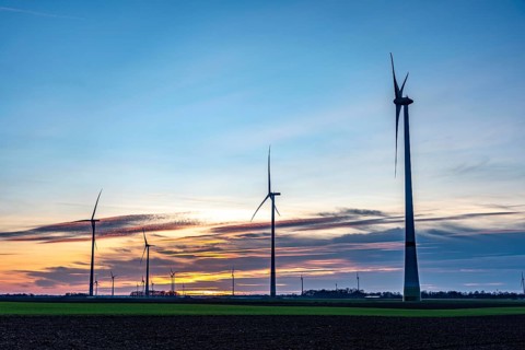 Sunset at Issum wind farm, Lower Rhine, North Rhine-Westphalia, Germany