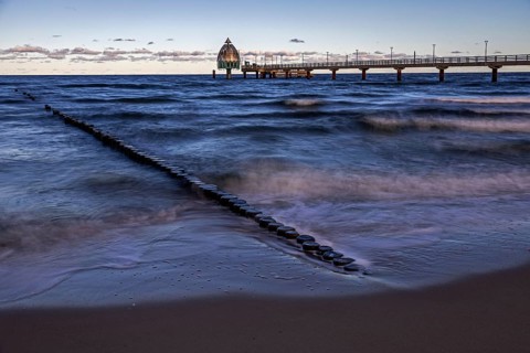 Groes and pier with diving gondola, long exposure, evening light, Zingst, Fischland-Darß-Zingst,