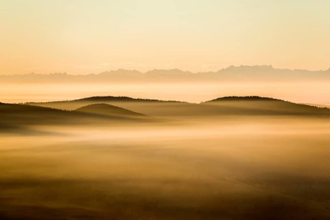 View from Belchen heading south of Wiesental and the Swiss Alps, morning atmosphere with fog in
