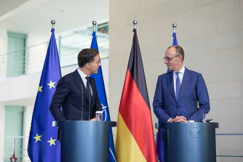 Mark Rutte (Secretary General of NATO) and Friedrich Merz (Chancellor of the Federal Republic of