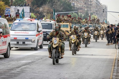 Damascus, Syria – December 08, 2025: A military parade by Syrian army units marking the first