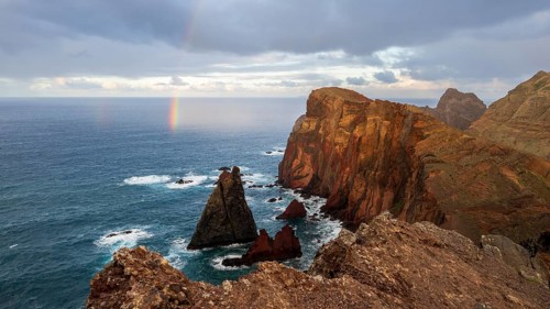 Sunset, rainbow at sea, volcanic peninsula, Ponta de São Lourenço, Ponta de Sao Lourenco, rocky