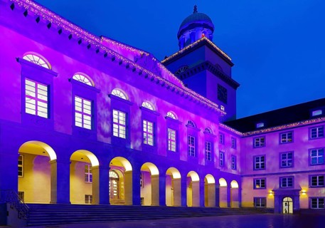 The town hall illuminated for the Christmas market in Witten, Ruhr area, North Rhine-Westphalia,