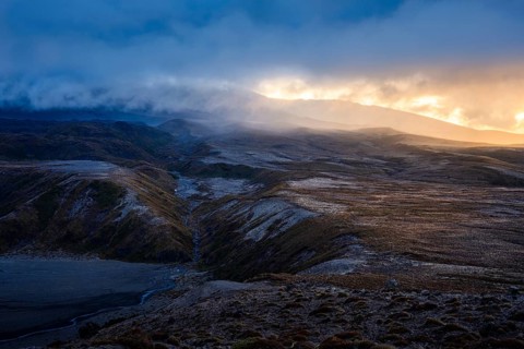 Volcanic landscape, Tama Lake Walk (Tama Lakes Track), evening light, sunset. Tongariro National
