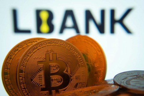 Dhaka, Bangladesh- 03 Sep 2025: Close-up of Bitcoin coins with the LBank logo visible on a screen