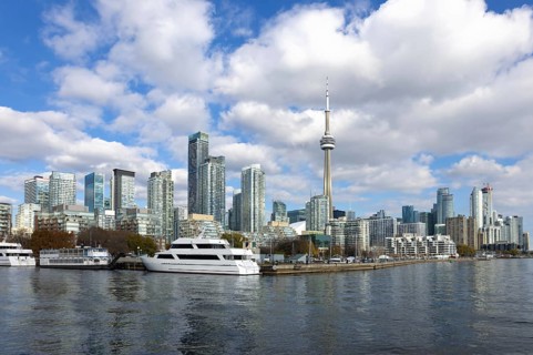 Scenic Toronto financial district skyline and modern architecture. View from Ontario lake