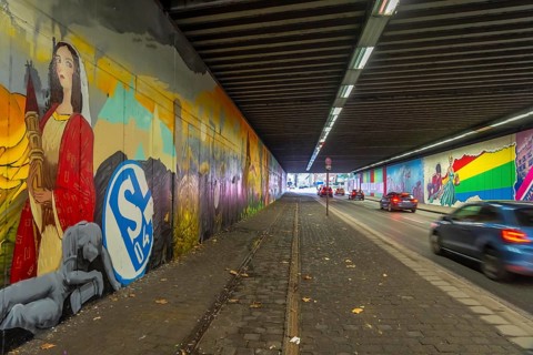 Huge street art pictures in a road tunnel in Gelsenkirchen, the approximately 120 meter long