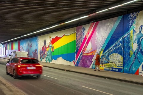 Huge street art pictures in a road tunnel in Gelsenkirchen, the approximately 120 meter long