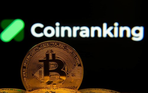 Dhaka, Bangladesh- 19 Sep 2025: Close-up of Bitcoin coins with the Coinranking logo visible on a