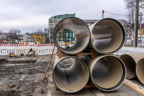 Large construction site in the city center of Essen, the large intersection of Hollesstraße and