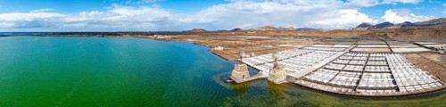 Salt mining plant, Salinas de Janubio with green Laguna de Janubio, near Yaiza, aerial view,