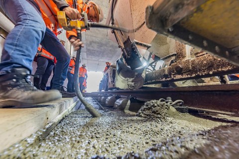 Deutsche Bahn AG track construction at Stuttgart Airport. The last few meters of solid road in the