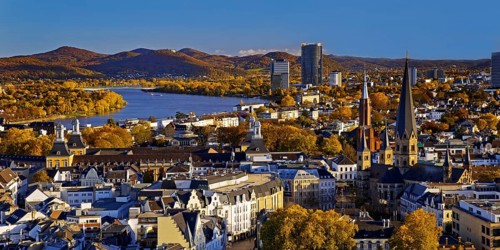 Autumn panoramic view from the town house of Bonn Minster, the Post Tower, the Rhine and the