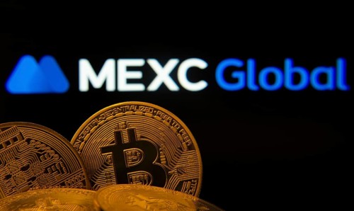Dhaka, Bangladesh- 03 Sep 2025: Close-up of Bitcoin coins with the MEXC Global logo visible on a