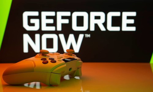 Dhaka, Bangladesh- 14 Nov 2025: A close-up of a white gamepad with the Geforce Now seen on screen