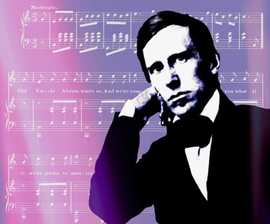 Portrait of Stephen Collins Foster with the sheet music of his minstrel song A soldier in the