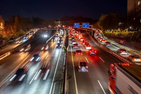 Autobahn A40, Ruhrschnellweg, traffic jams on both roads, at the Ruhrschnellwegstunnel in Essen,