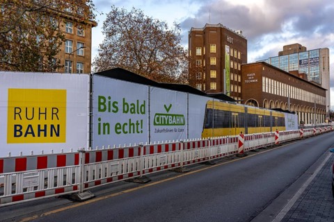 Construction site of the stop at the main train station, for the new city railway, visualization of