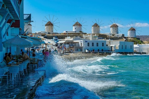 Mykonos, Cyclades, Greece - The six sixteenth-century windmills, lined up on a hill above Mykonos