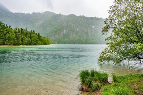 Landscape of Lake Offensee on a rainy day in spring, Salzkammergut, Austria