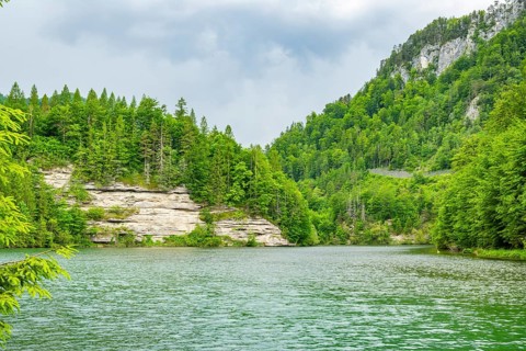 Landscape of Lake Elisabethsee on a rainy day in spring, Austria