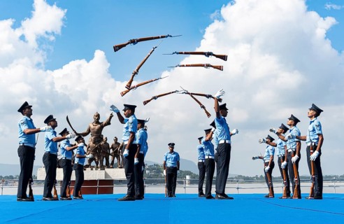 Indian Air Force personnel performs a bayonet drill demonstration on the bank of Brahmaputra river,