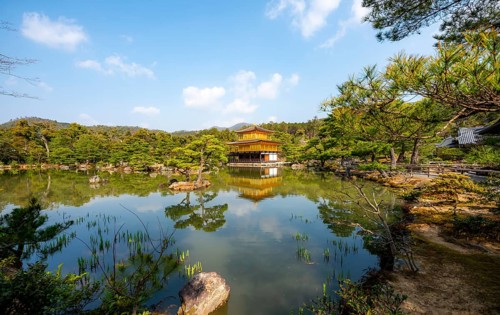 Golden Pavilion reflected in pond, Japanese garden, Golden Pavilion Temple, Kinkaku-ji reliquary,