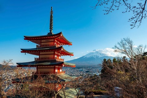 Five-story pagoda of a Shinto Shrine, Chureito Pagoda, with views of Fujiyoshida City and Mount