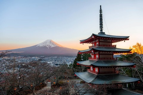 Five-story pagoda of a Shinto Shrine, Chureito Pagoda, with views of Fujiyoshida City and Mount