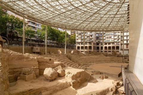 Covered ruins of Roman theatre amphitheatre, Zaragoza, Aragon, Spain