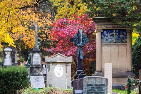 Pragfriedhof Stuttgart in autumn. November is traditionally a time for Christians to visit their