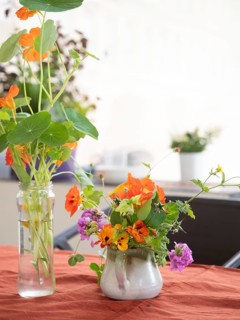 Florist arranging nasturtiums and verbenas in a ceramic jug during an ikebana workshop