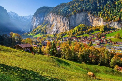 View of town and valley with Staubbach waterfall in autumn, Lauterbrunnen, Bernese Oberland, Canton