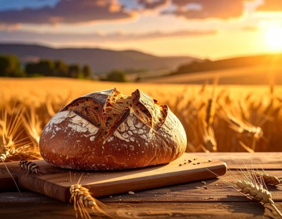 Rustic loaf of whole grain bread, fresh baked, close up of bread on dark wooden table, golden rust,