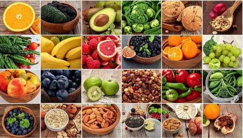 Food collage of various biological and organic fruits and vegetables, fresh healthy lifestyle, with