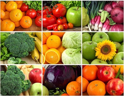 Food collage of various biological and organic fruits and vegetables, fresh healthy lifestyle, with