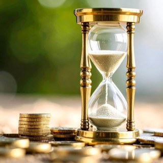 Hourglass and stacked golden coins, illustrating currency fluctuation and time impact commodities